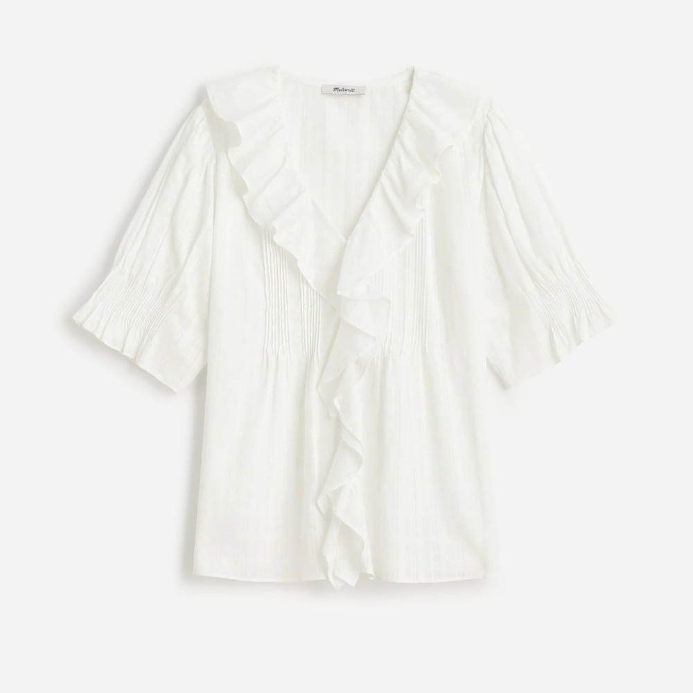 Madewell Ruffle Puff-Sleeve Peplum Top in Windowpane
